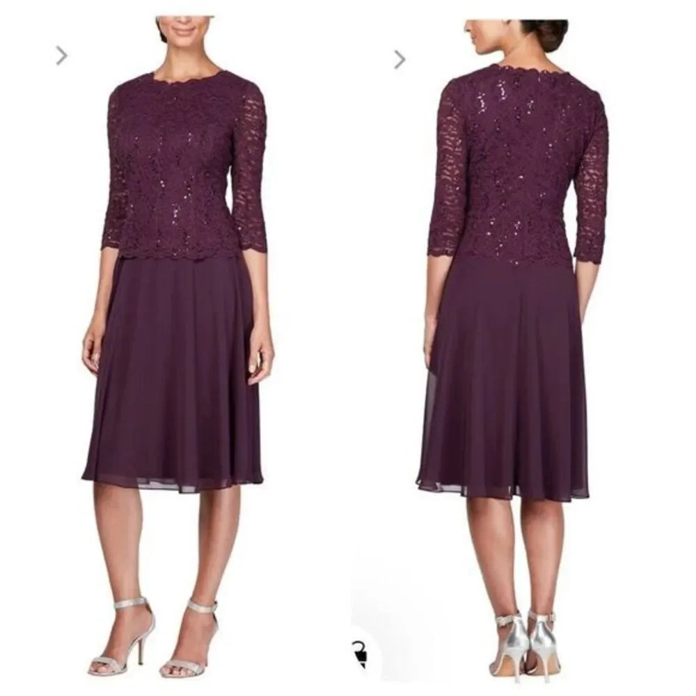 NWOT Alex Evenings Tea-Length Dress with Sequin Lace Bodice & Chiffon Skirt Sz 1